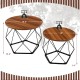 Set of 2 modern round coffee tables in rustic brown with pentagonal steel base, ideal for versatile use in any space.